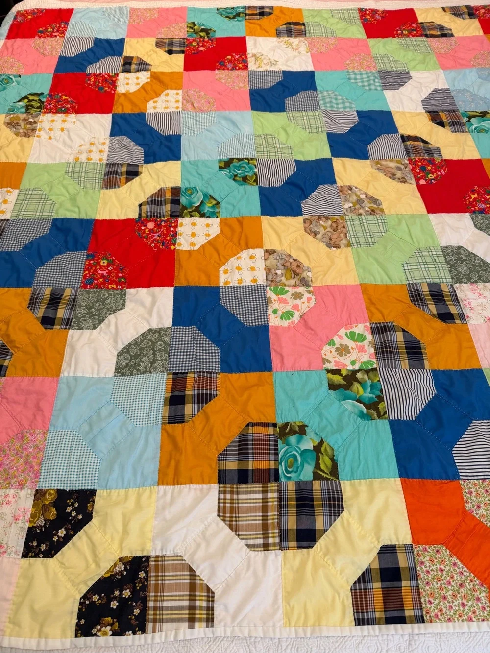Vintage large hand stitched colorful bright quilt 83”x71” cottage core farmhouse